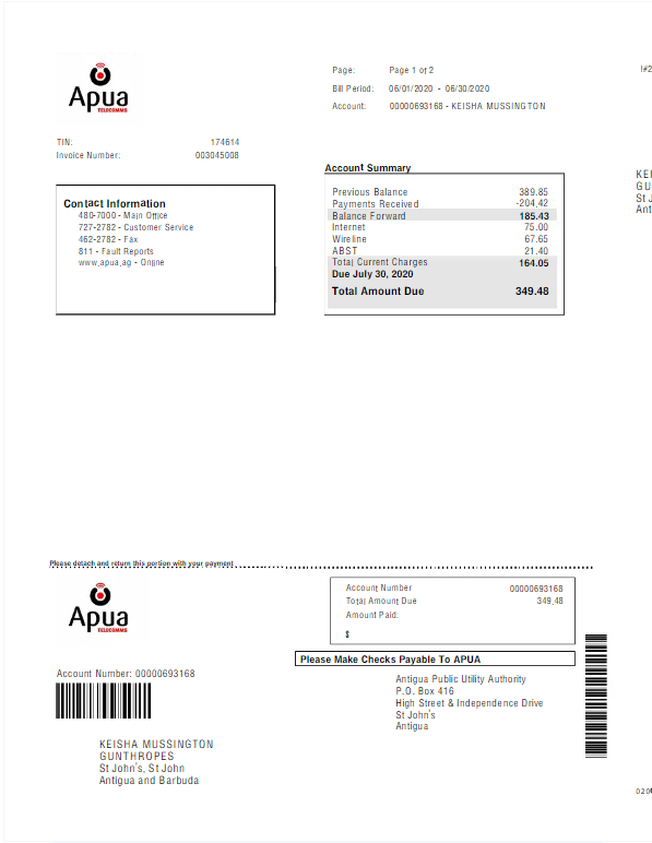ANTIGUA AND BARBUDA APUA utility bill Word and PDF template